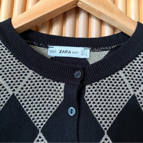 NEW Zara black gold metallic diamond argyle cardigan - Picture 8 of 8